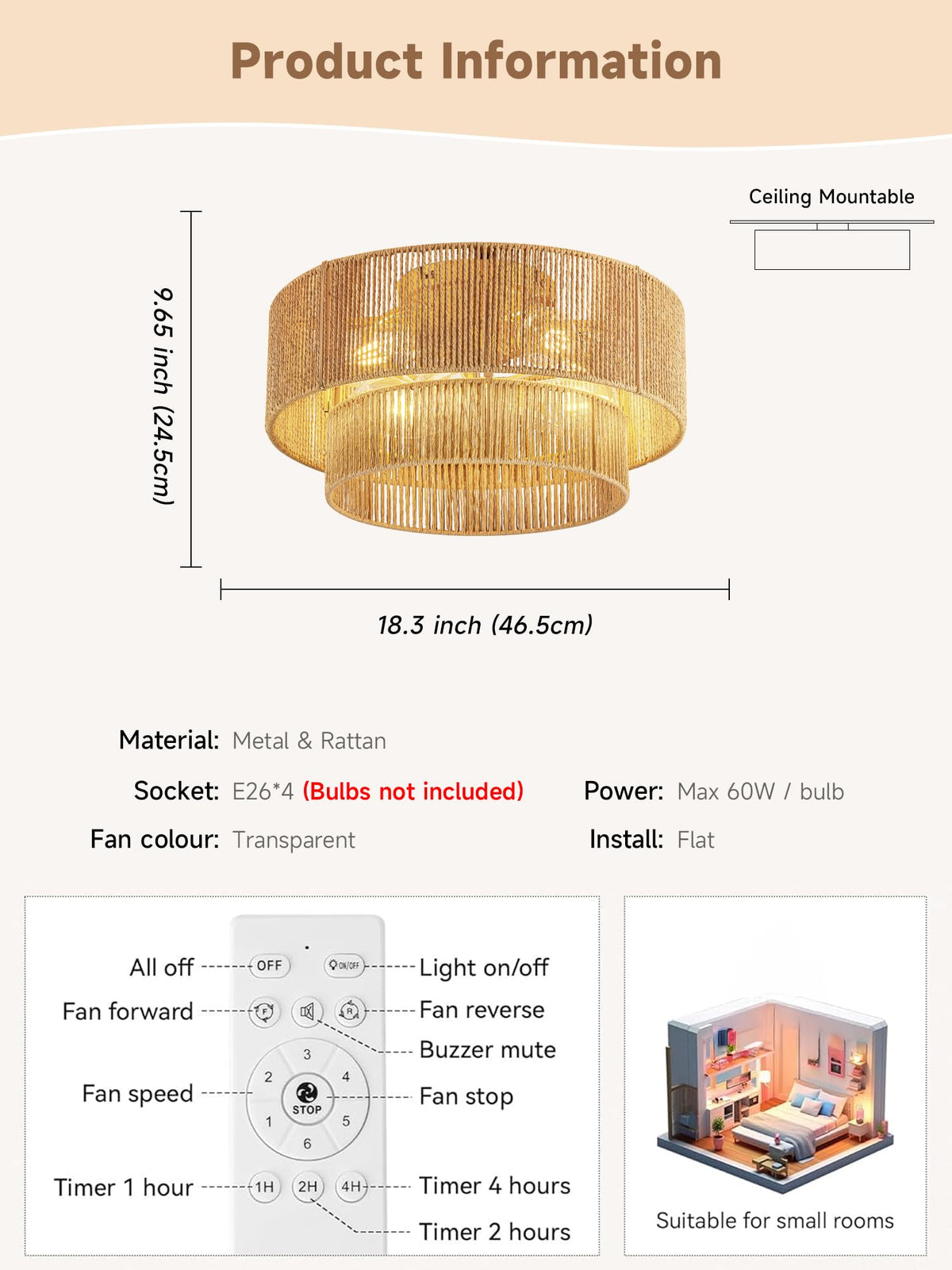 Boho Caged Ceiling Fan with Light Flush Mount (Gold)