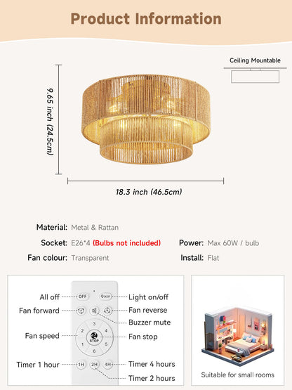 Boho Caged Ceiling Fan with Light Flush Mount (Gold)