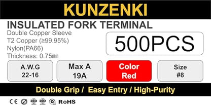 500pcs Nylon PA66 Insulated Fork Terminals (RED(A.W.G22-16) / #8(M4))