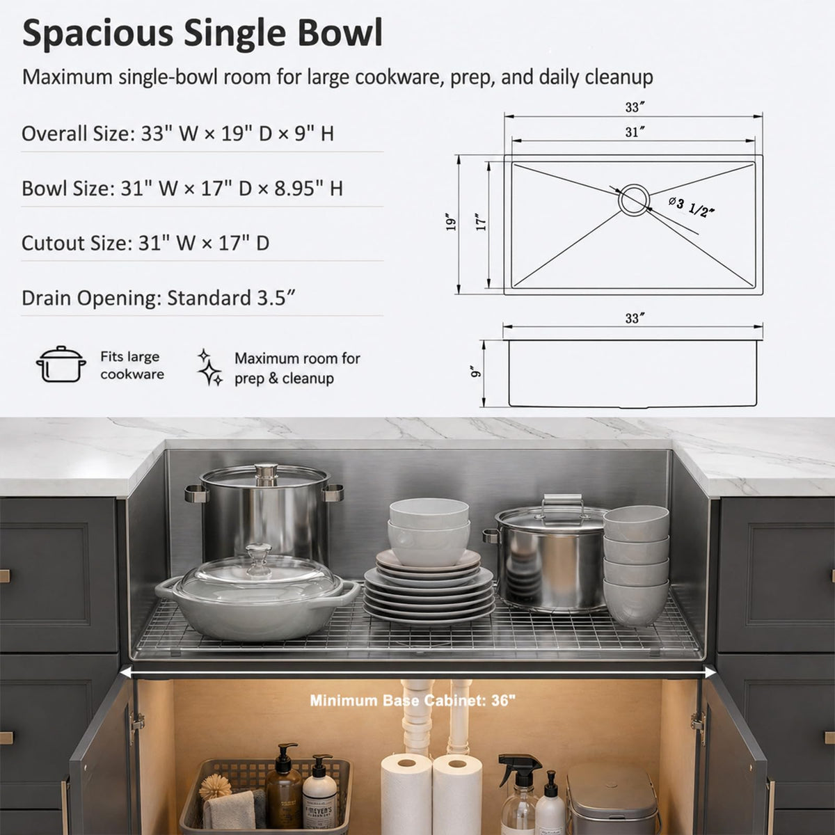 33 Inch Undermount Kitchen Sink (Stainless Steel / 33" x 19"x 9")