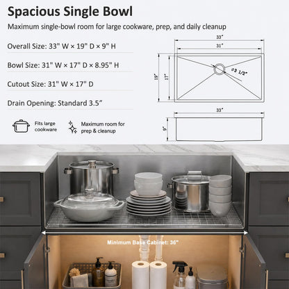 33 Inch Undermount Kitchen Sink (Stainless Steel / 33" x 19"x 9")