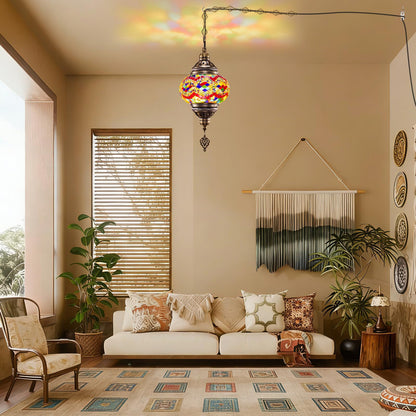 7.2" D Turkish Moroccan Mosaic Hanging Pendant Lamp Plug (Multicolor Wave)