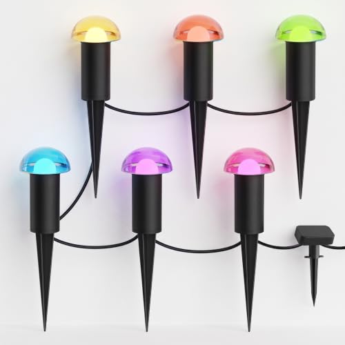 Smart Color Changing Low Voltage Landscape Path Lights 12V AC Mushroom Pathway Lights with Clear Glass Top Metal Body and Stakes Connectors Included