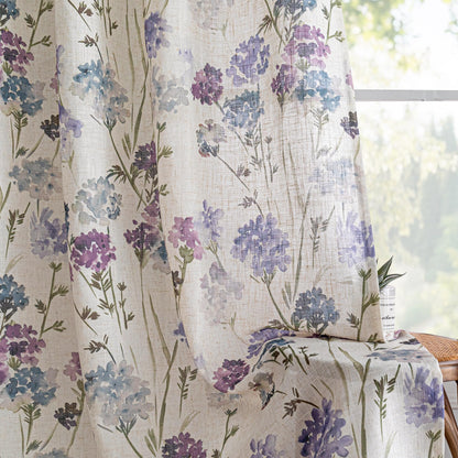 Floor to Ceiling Linen Floral Curtains 108 Inch Length 2 Panels Semi Sheer Light Filtering Farmhouse Flower Printed Window Grommet Drapes for Dining Room (Purple / 52"W x 108"L (Pack of 2))