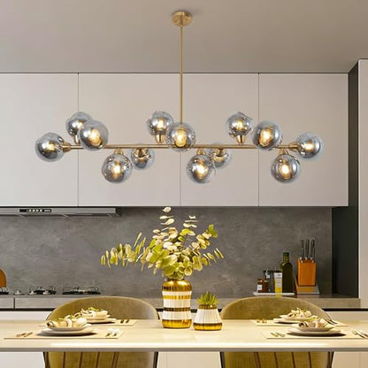Gold Linear Chandelier 59 Inch Extra Large Sputnik Pendant Light (13 Lights Smoke Gray and Gold)