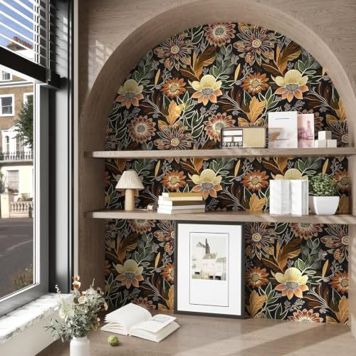 Boho Black Gold Floral Vintage Peel and Stick Wallpaper 17.4"x118" (Black/Brown / 17.4" x 118")