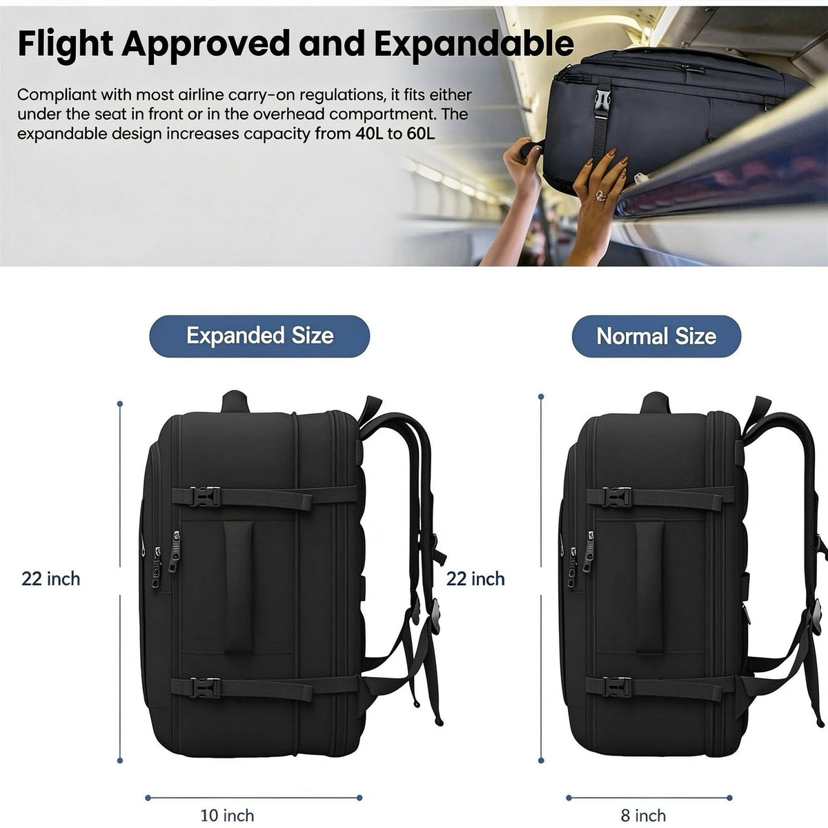 55L Carry On Backpack (Black / 3X-Large(22"x14"x10"))