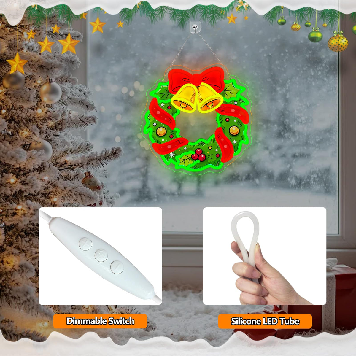 Christmas Wreath Neon Sign Dimmable Christmas Bell Bow LED Neon Light (SDHH)