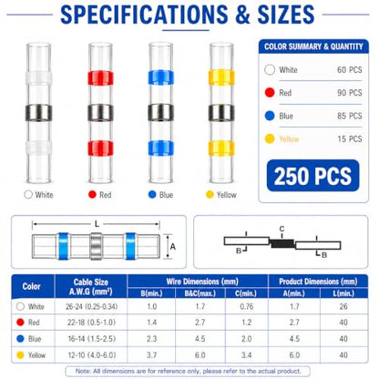 250PCS Solder Seal Heat Shrink Butt Connectors