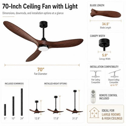 70" Ceiling Fan with Light (Walnut Finish / 70 Inches)