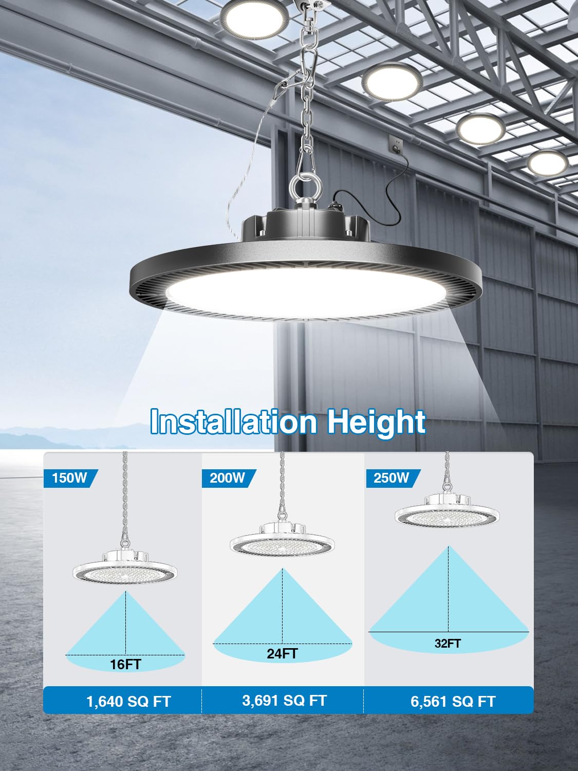 High Bay LED Shop Lights 200W 8 Pack with Plug 5' Cord Safety Rope Hook (200W-8-PACK)