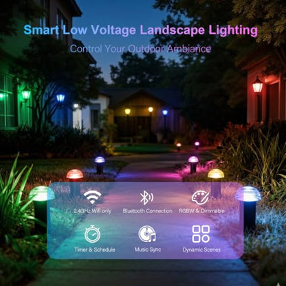 Smart Color Changing Low Voltage Landscape Path Lights 12V AC Mushroom Pathway Lights with Clear Glass Top Metal Body and Stakes Connectors Included