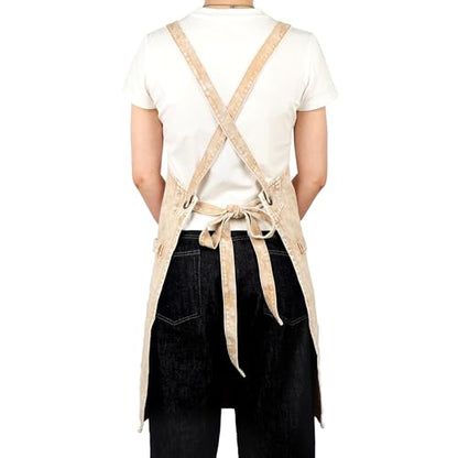 Denim Apron with Pockets and Adjustable Cross Straps for Hair Stylist Salon Nail Tech Barber Women Jean Aprons (Khaki)