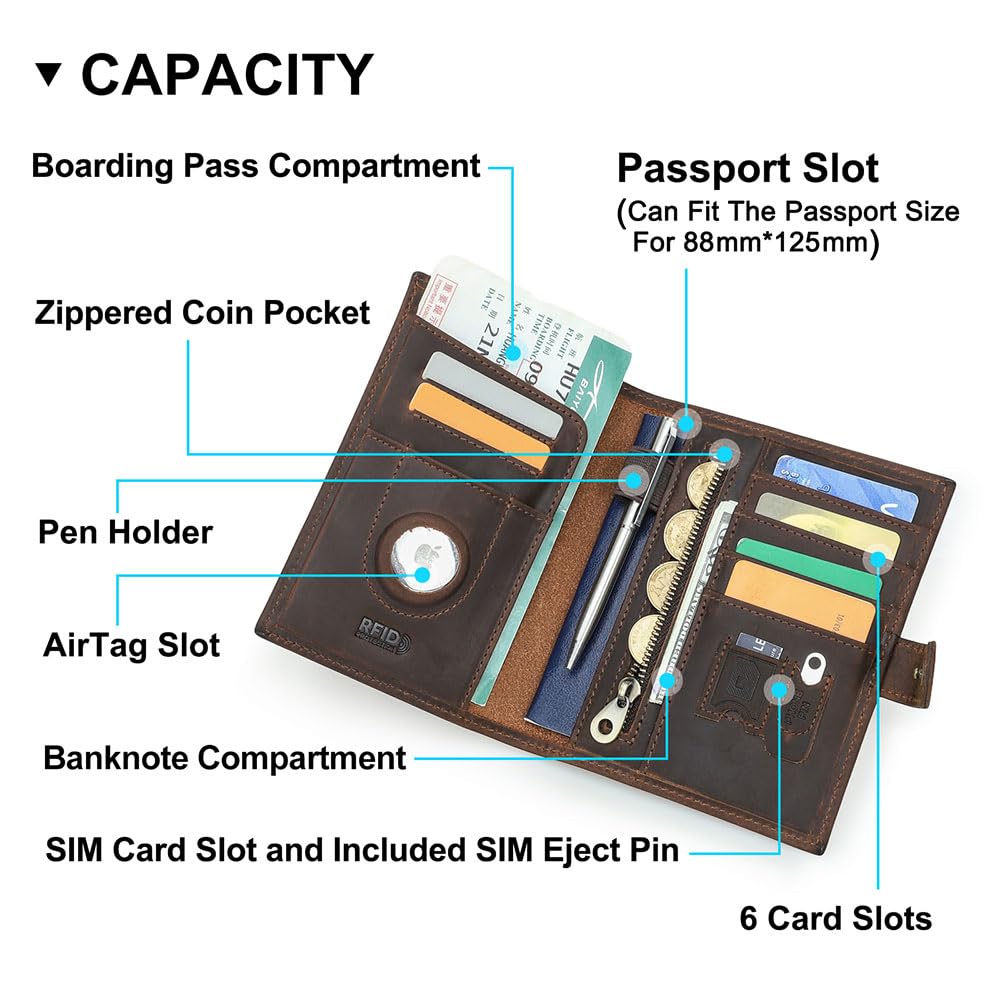 Full Grain Leather Passport Holder Compatible with Airtag Slot RFID Blocking Passport Wallet Travel Slim Passport Cover with SIM Card Removal Tool (Coffee / Plain- Snap)