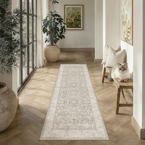 2x8 Taupe Washable Runner Rug Non Slip Retro Distressed Carpet (Distressed | Taupe / 2' x 8' (Runner))