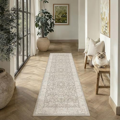 2x8 Taupe Washable Runner Rug Non Slip Retro Distressed Carpet (Distressed | Taupe / 2' x 8' (Runner))