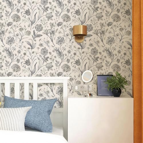 Beige and Black Floral Peel and Stick Wallpaper Floral 17in x 118in (Black / 17.3" x 118.1")