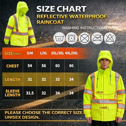 High Visibility Reflective Rain Jacket for Men (4X-Large-5X-Large / Yellow)