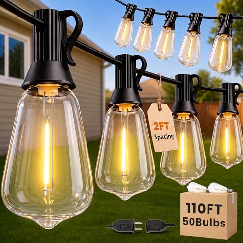 110FT(100+10) String Lights Outdoor, 2FT Bulb Spacing, Waterproof Shatterproof Warm White ST38 LED Edison Bulbs, Extension Cord, Plug in Connectable Hanging Patio Lights for Outside, Backyard (100+10FT(50 Sockets))