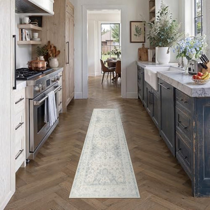 2x5 Blue Washable Runner Rug Non Slip Vintage Carpet (Vintage | Blue / 2' x 5' (Runner))