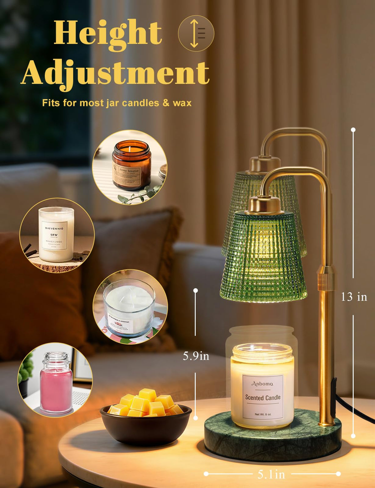 Marble Candle Warmer Lamp with Timer (Marble-Green)