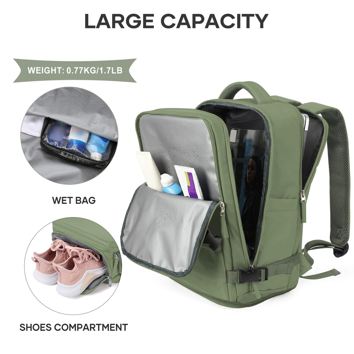 Travel Backpack For Women Men (Gray Green / 25 liters)