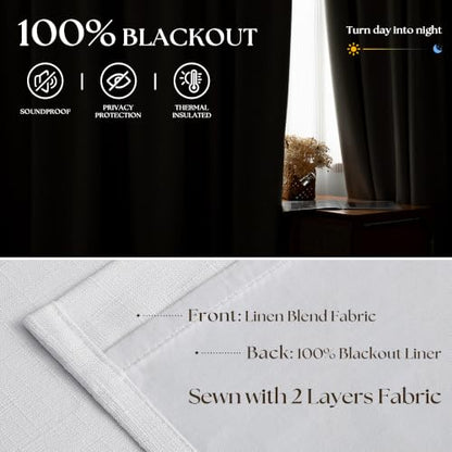 Snow White Pleated Linen 100% Blackout Curtains 100 Inches Long for Bedroom (Snow White / 50"W x 100"L (Pack of 2))
