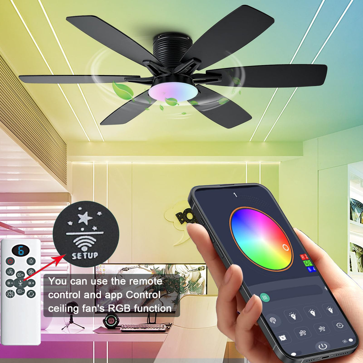 52 inch Ceiling Fan with Lights (Black+RGB)