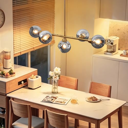 Linear Chandelier for Dining Room with Open Glass Globe Lampshade 13Lights Linear Chandelier Pendant Light