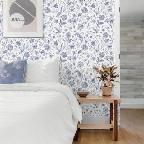 White and Blue Floral Peel and Stick Wallpaper Vintage 17in x 118in (Blue / 16.9" x 118.1")