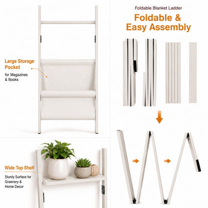 71" 4-in-1 Blanket Ladder for Living Room, 5-Tier Leaning Bamboo Decorative Towel & Quilt Rack with Magazine Leather Pocket, 4 Detachable Hanging Bars, Space-Saving Shelf for Bedroom (White) (White)
