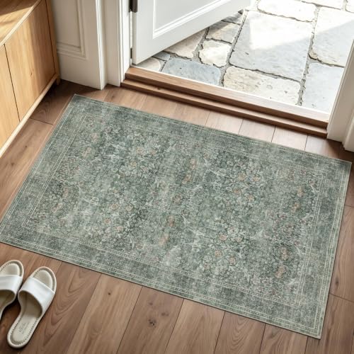Entryway Rug 2x3 Washable Vintage Floral Rug (Moss Green / 2' x 3' (Rectangular))