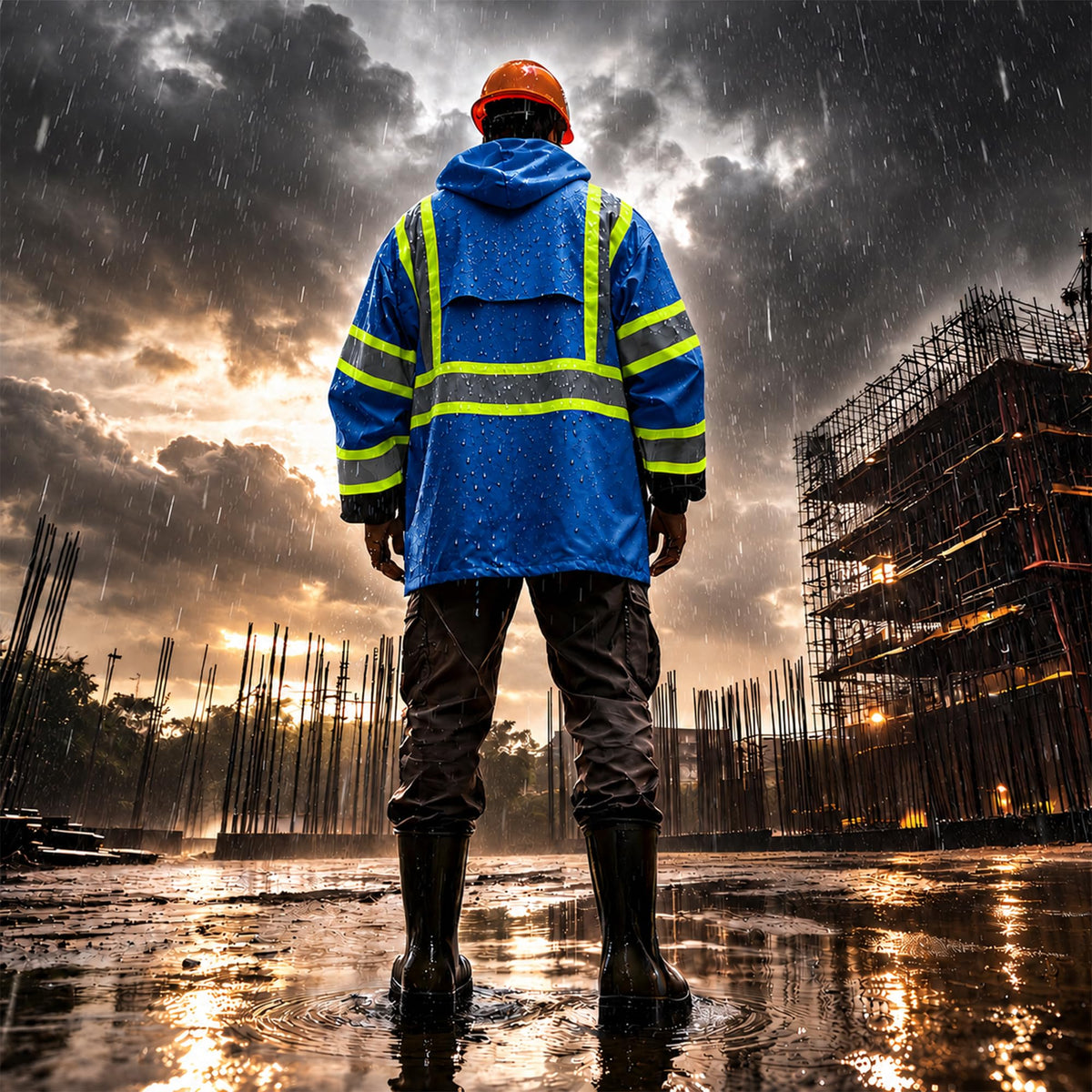 High Visibility Reflective Rain Jacket for Men (XX-Large-3X-Large / Blue)