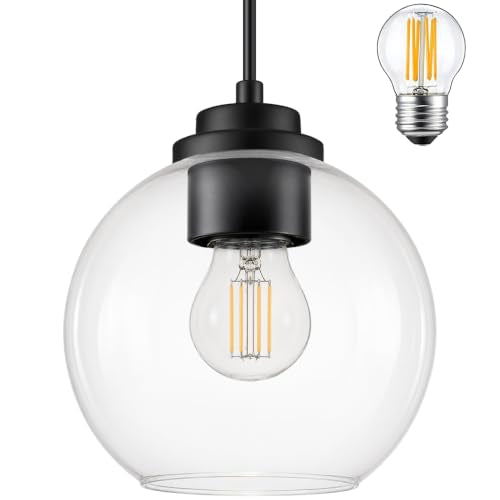 6" Black Globe Pendant Light Ribbed Glass Pendant Lights Kitchen Island Height Adjustable Mid