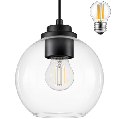 6" Black Globe Pendant Light Ribbed Glass Pendant Lights Kitchen Island Height Adjustable Mid