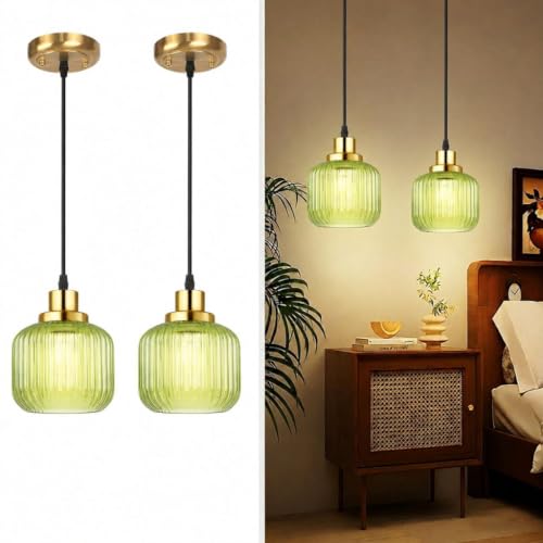2 Pack Pendant Lights with Green Flower Glass Shade