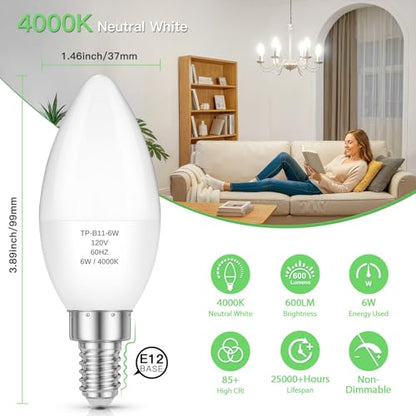 E12 LED Candelabra Light Bulbs 60W Equivalent