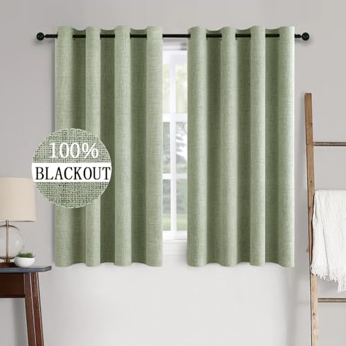 100% Blackout Linen Curtains for Bedroom 52x63 Inches Sage Green (Sage Green / 52"W x 63"L (Pack of 2))