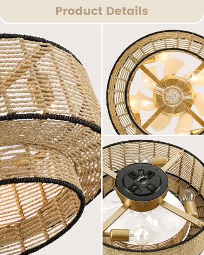 20" Rattan Boho Caged Ceiling Fan with Light Flush Mount and Remote