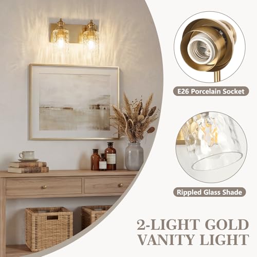 2 Light Bathroom Light Fixtures with Water Ripple Glass (Gold / 2-light)