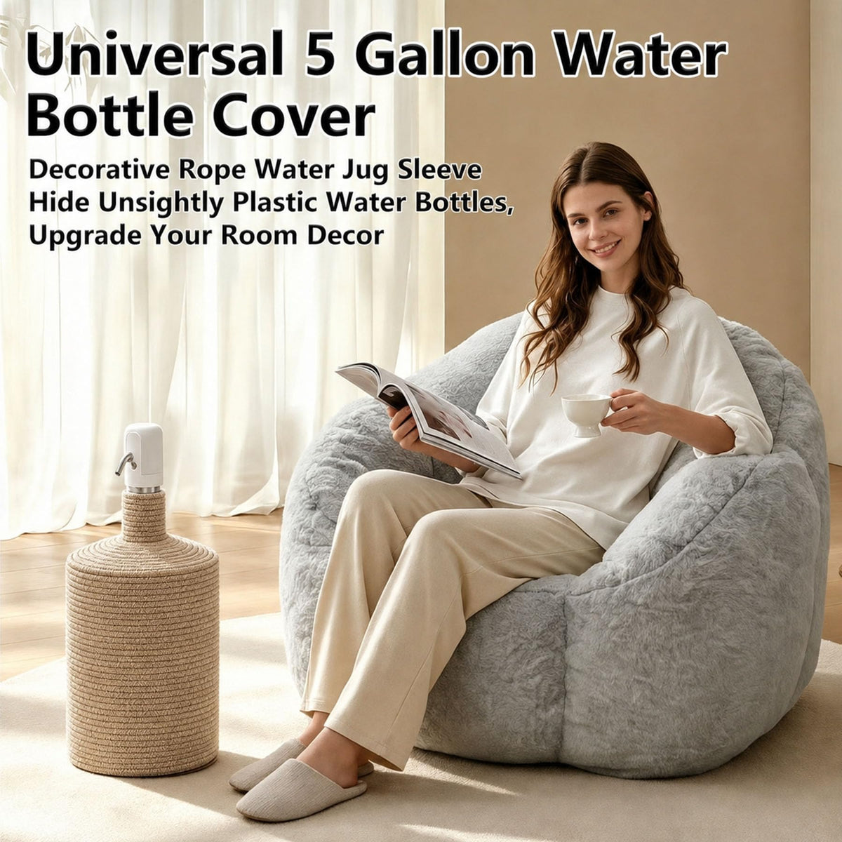 Woven Jute Water Jug Cover for 5 Gallon Bottles Water Dispenser (Khaki)