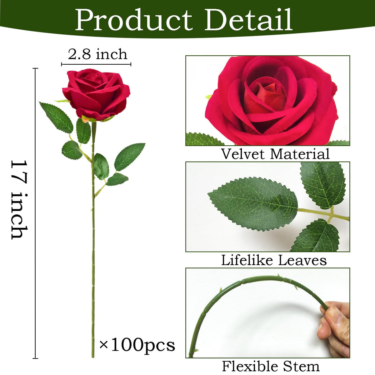 100Pcs Red Roses Artificial Flowers with Stems (Red / 100Pcs)