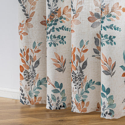 Floral Linen Curtains 72 inch Long 2 Panels Set Leaf Patterned Semi Sheer Light Filtering Privacy Farmhouse Grommet Drapes for Bedroom (B-burnt Orange / 52"W x 72"L (Pack of 2))
