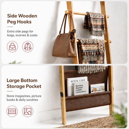 71" 4-in-1 Blanket Ladder for Living Room, 5-Tier Leaning Bamboo Decorative Towel & Quilt Rack with Magazine Leather Pocket, 4 Detachable Hanging Bars, Space-Saving Shelf for Bedroom (Natural) (Natural)