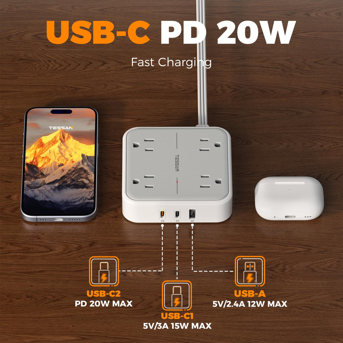 Surge Protector Flat Extension Cord 10Ft (10 FT(2 USB-C) / Grey & Surge Protector 20W PD)