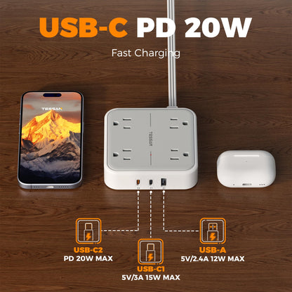 Surge Protector Flat Extension Cord 10Ft (10 FT(2 USB-C) / Grey & Surge Protector 20W PD)