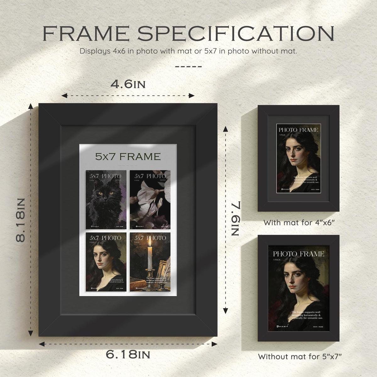 5x7 Black Wooden Picture Frame (Black Frame Black Mat / 5x7)