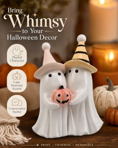 Spooky Cute Halloween Ghost Holding Pink Pumpkin Figurine (White Ghost Duo)
