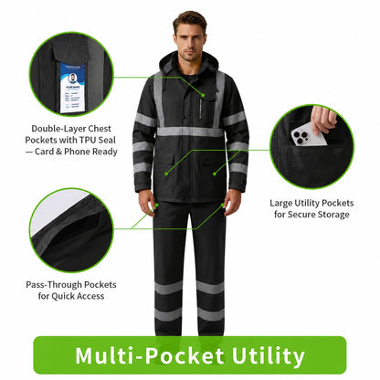 High Vis Safety Rain Jackets and Pants for Men Women (Black / Large)