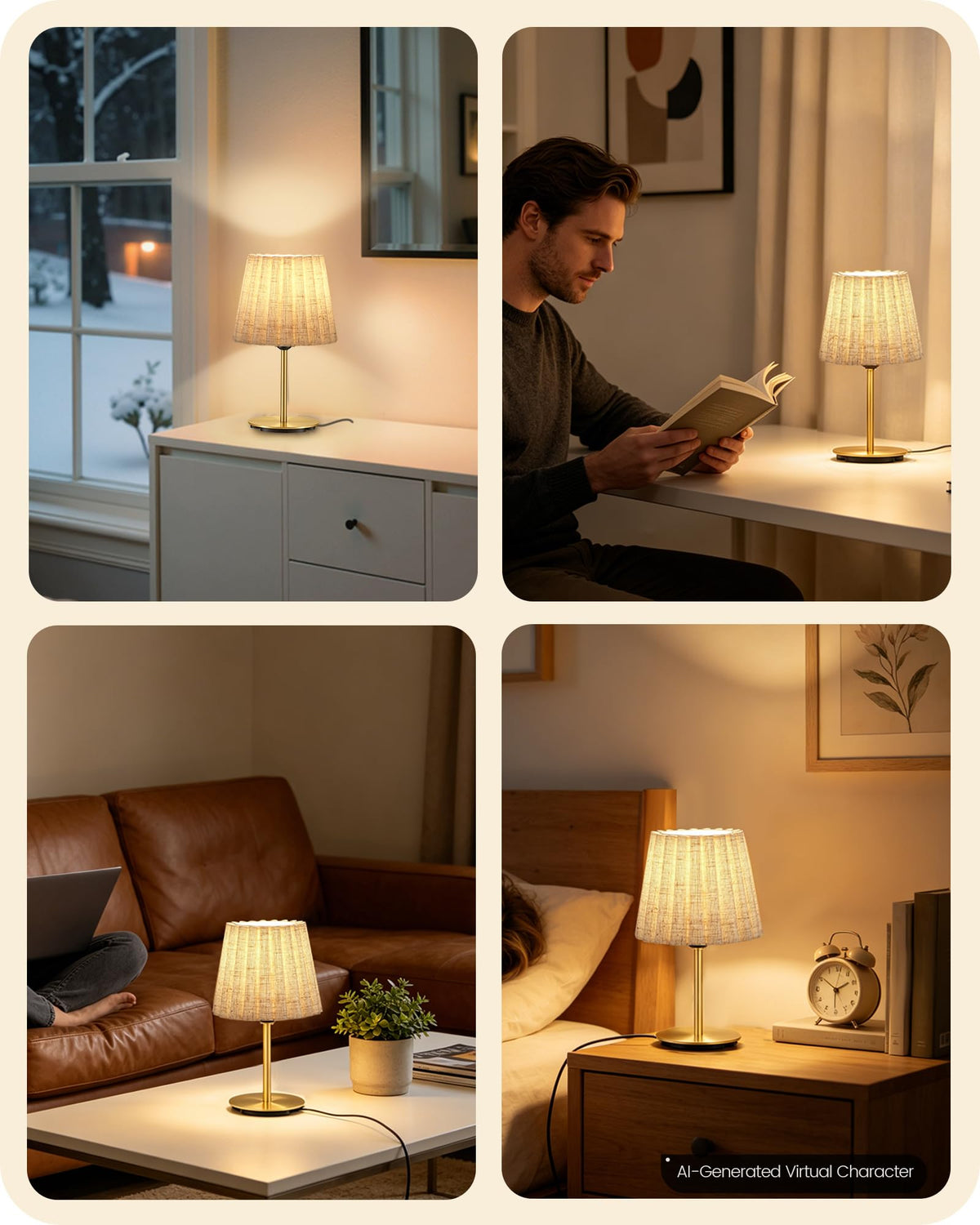 Small Bedside Table Lamp (Gold & Beige - Push Button)